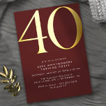 Invitación Con Relieve Metalizado Rojo y oro de Borgoña | 40 Aniversario del lujo mo<br><div class="desc">Moderno estilo mínimo 40 invitaciones de cumpleaños con el título "40" texto en Relieve metalizado metálico real. Los detalles del evento están impresos en blanco mate. El oro acentúa sobre un fondo rojo oscuro.</div>