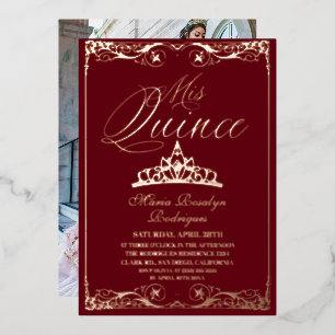 Invitación Con Relieve Metalizado Rojo y Rosa Dorado Elegante Quinceañera Foto