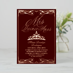 Invitación Con Relieve Metalizado Rojo y Rosa Dorado Elegante Quinceañera Foto Hoja