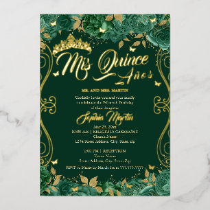 Invitación Con Relieve Metalizado Rollo de esmeralda floral Mis Quince Quinceañera