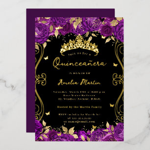 Invitación Con Relieve Metalizado Rollo de remolino de oro púrpura floral Quinceañer