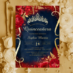 Invitación Con Relieve Metalizado Rollo floral de oro rojo Quinceañera Navy