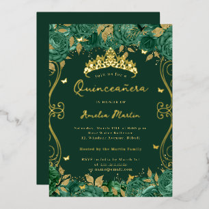 Invitación Con Relieve Metalizado Rollo Floral de Remolino Verde Dorado Quinceañera 