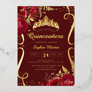 Invitación Con Relieve Metalizado Rollo Floral Elegante de Oro Rojo Quinceañera