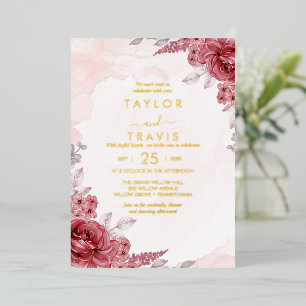 Invitación Con Relieve Metalizado Romance Floral   Boda Todo en Uno con Hoja de Oro