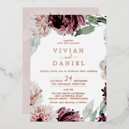 Invitación Con Relieve Metalizado Romance Floral | Oro Rosa Hoja de Caja de Bodas To
