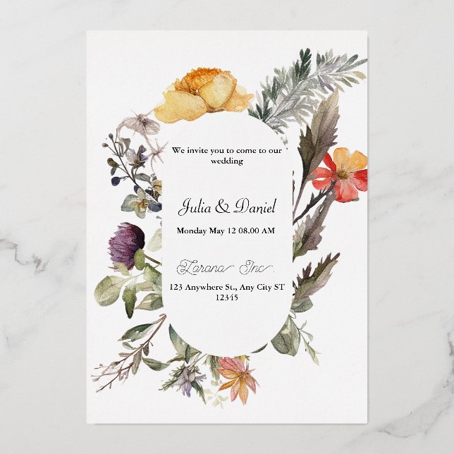 Invitación Con Relieve Metalizado Romance floreciente: Boda de Wildflower Meadow (Anverso)