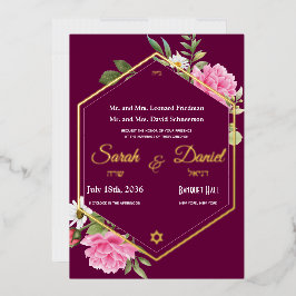 Invitación Con Relieve Metalizado Romance Plum Rosa Rosa Rosa Marco dorado Boda judí