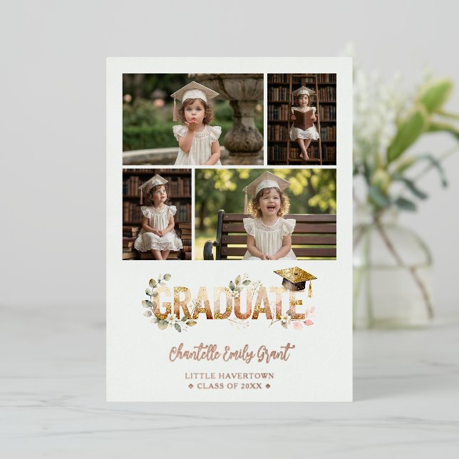 Invitación Con Relieve Metalizado Romantic Botanical Pre-K Graduation 5-Photo (Anverso de pie)