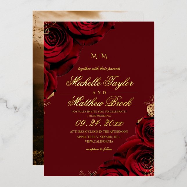 Invitación Con Relieve Metalizado Romantic Burgundy Rose Wedding (Anverso/Reverso)