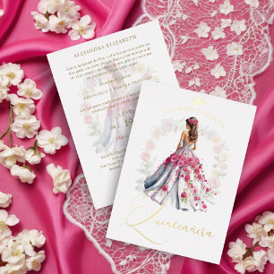 Invitación Con Relieve Metalizado Romantic Crown Spanish Quinceañera Doll in  Pink 