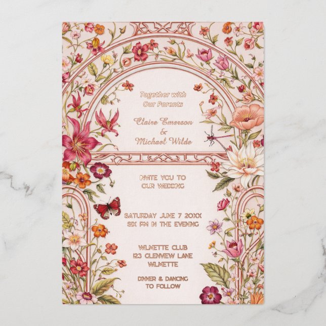 Invitación Con Relieve Metalizado Romantic floral garden (Anverso)