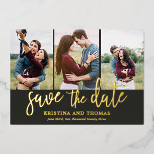 Invitación Con Relieve Metalizado Romantic Script 3 Photo Collage Save The Date