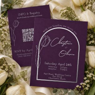 Invitación Con Relieve Metalizado Romántica Tulipán Berenjena Boda Plata