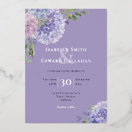 Invitación Con Relieve Metalizado Románticas Hortensias Acuarela Azul Polvo y Lila