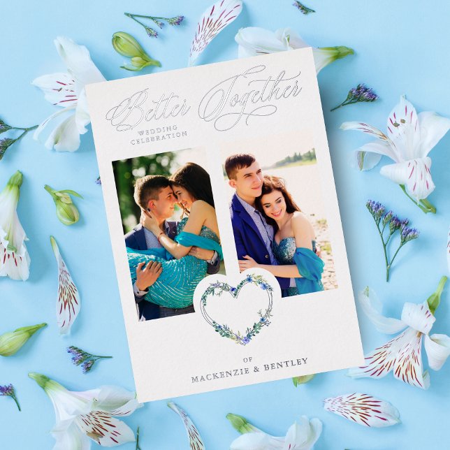 Invitación Con Relieve Metalizado Romántico Blue Shades Real Silver Floral Heart (Subido por el creador)