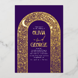 Invitación Con Relieve Metalizado Romántico Boda Celeste moderno morado y oro