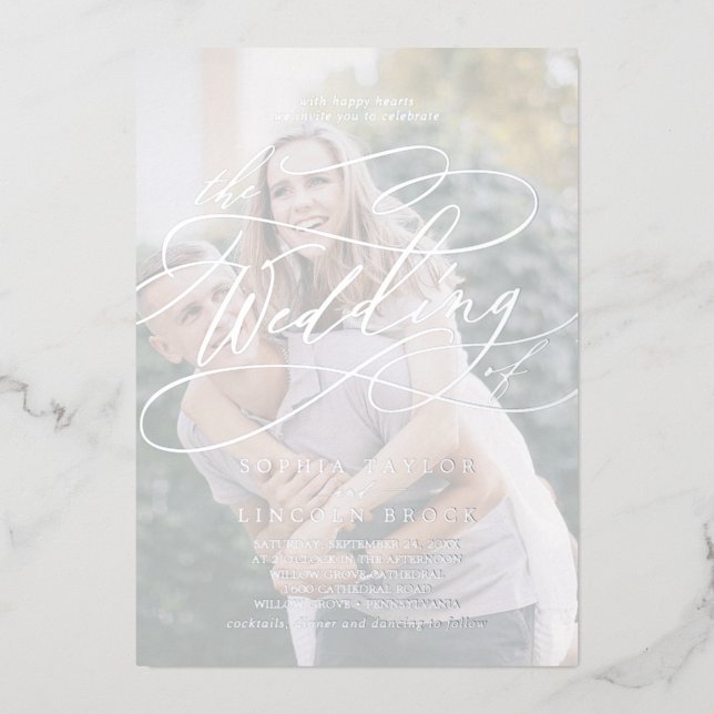 Invitación Con Relieve Metalizado Romántico | Boda fotográfico de Relieve metalizado (Anverso)