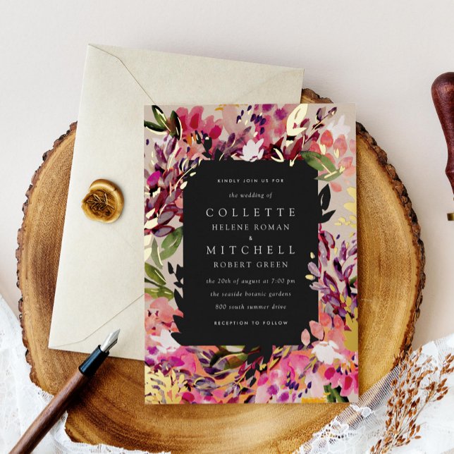 Invitación Con Relieve Metalizado Romántico Bouquet Hot Pink Black Gold (Subido por el creador)
