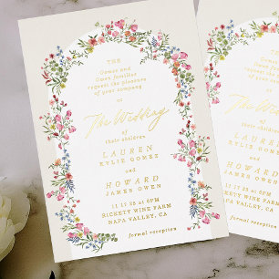 Invitación Con Relieve Metalizado romántico delicado arco floral de primavera jardín