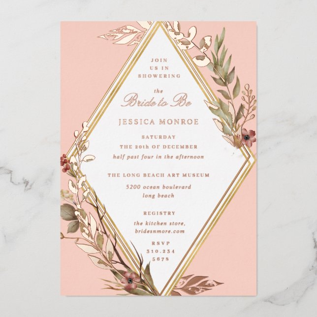 Invitación Con Relieve Metalizado Romántico Diamante Floral Bridal Shower (Anverso)