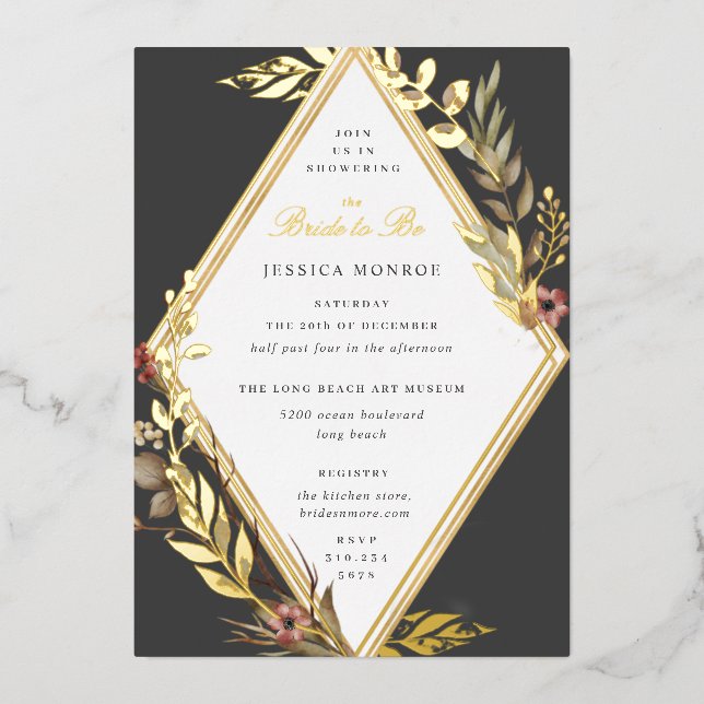 Invitación Con Relieve Metalizado Romántico Diamante Floral Gris Brillante Ducha (Anverso)