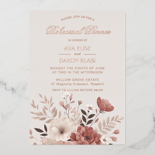 Invitación Con Relieve Metalizado Romántico Ensayo Floral Rosa (Anverso)
