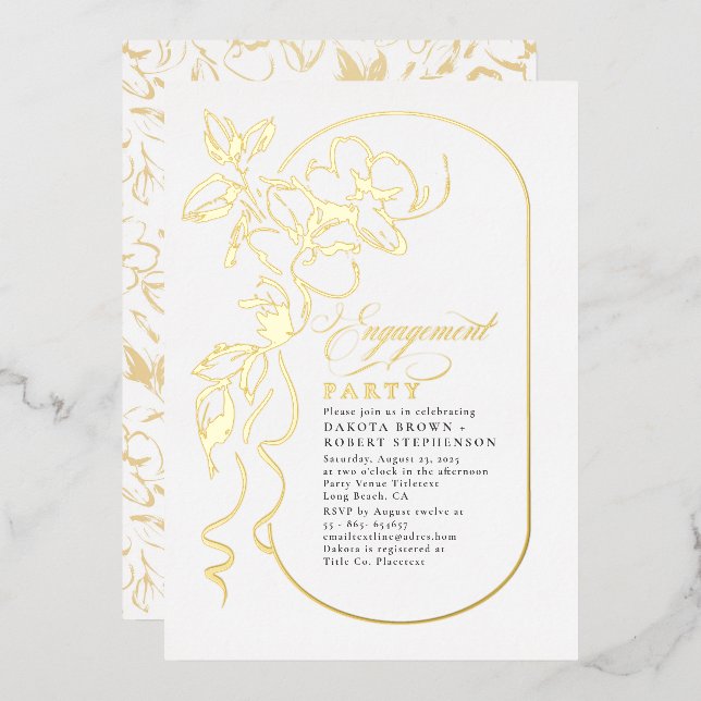 Invitación Con Relieve Metalizado Romántico Floral Elegante Partido de Compromiso Or (Anverso/Reverso)