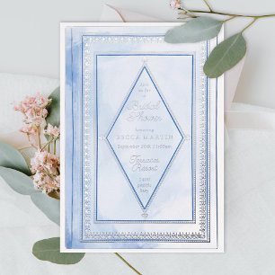 Invitación Con Relieve Metalizado Romántico Libro Antiguo Azul Lluvia de Novia Plata