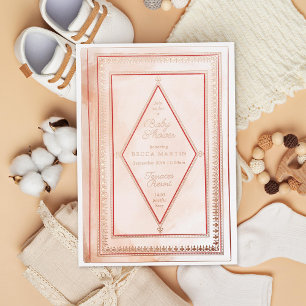Invitación Con Relieve Metalizado Romántico Libro Antiguo Rubor Baby Shower Rosa