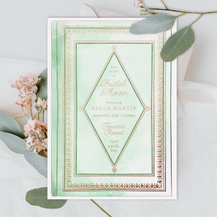 Invitación Con Relieve Metalizado Romántico libro de antigüedades Mint Green Bridal 