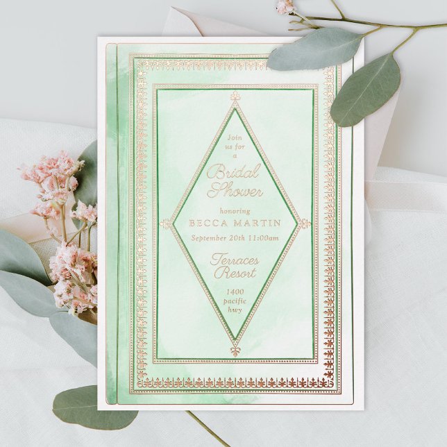 Invitación Con Relieve Metalizado Romántico libro de antigüedades Mint Green Bridal  (Subido por el creador)
