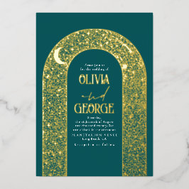 Invitación Con Relieve Metalizado Romántico Moderno Celestial Boda Azul Teal Oro