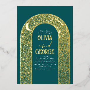 Invitación Con Relieve Metalizado Romántico Moderno Celestial Boda Azul Teal Oro