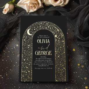 Invitación Con Relieve Metalizado Romántico Moderno Celestial Boda Negro Oro