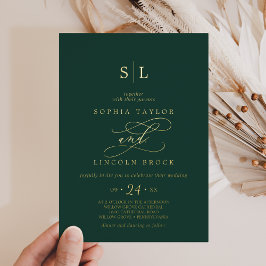 Invitación Con Relieve Metalizado Romántico papel de oro | Boda de monograma esmeral