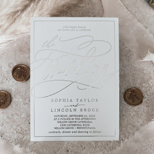 Invitación Con Relieve Metalizado Romántico papel de plata caligrafía Cuadro Boda