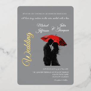 Invitación Con Relieve Metalizado Romántico parisino Red Umbrella Love Silhouette