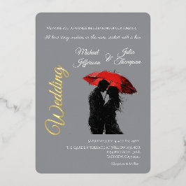 Invitación Con Relieve Metalizado Romántico parisino Red Umbrella Love Silhouette