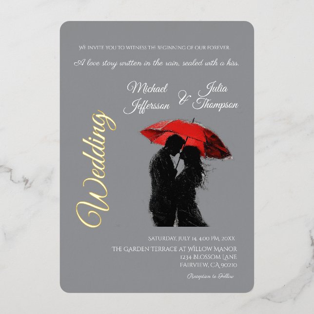 Invitación Con Relieve Metalizado Romántico parisino Red Umbrella Love Silhouette (Anverso)