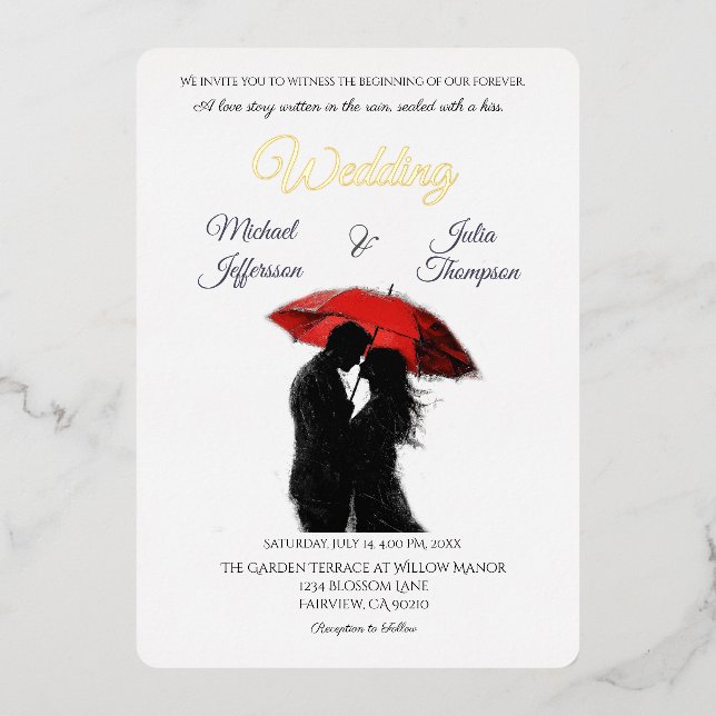 Invitación Con Relieve Metalizado Romántico parisino Red Umbrella Love Silhouette (Anverso)