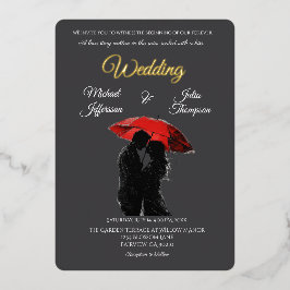 Invitación Con Relieve Metalizado Romántico parisino Red Umbrella Love Silhouette