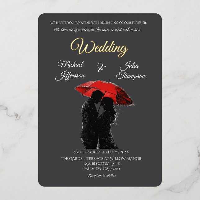 Invitación Con Relieve Metalizado Romántico parisino Red Umbrella Love Silhouette (Anverso)