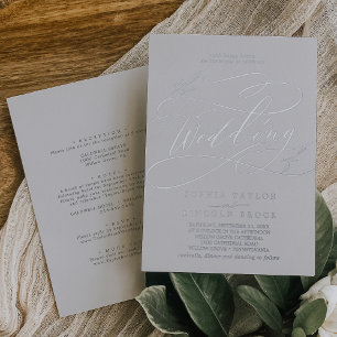Invitación Con Relieve Metalizado Romántico plateado foil gris frente y espalda boda