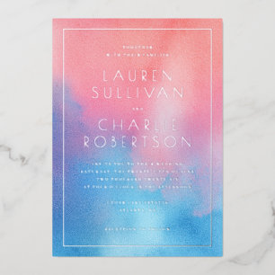 Invitación Con Relieve Metalizado Romántico Rosa Azul Ombre