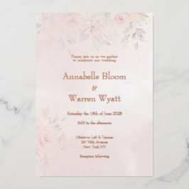 Invitación Con Relieve Metalizado Romántico Rubor Garden Rosas 2 Con Oro Rosa