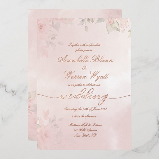 Invitación Con Relieve Metalizado Romántico Rubor Garden Rosas 2 Con Rosa (Anverso/Reverso)