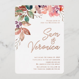 Invitación Con Relieve Metalizado Romántico Rubor Rosa Malva Acuarela Oro