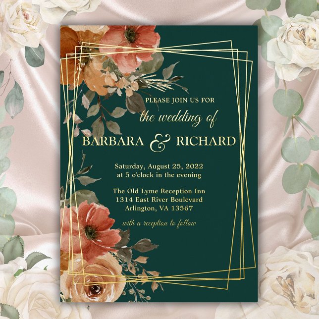 Invitación Con Relieve Metalizado Romántico Verde Real con Hojas Doradas Boda Floral (Subido por el creador)