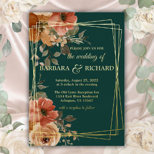 Invitación Con Relieve Metalizado Romántico Verde Real Floral Boda con Hoja de Oro